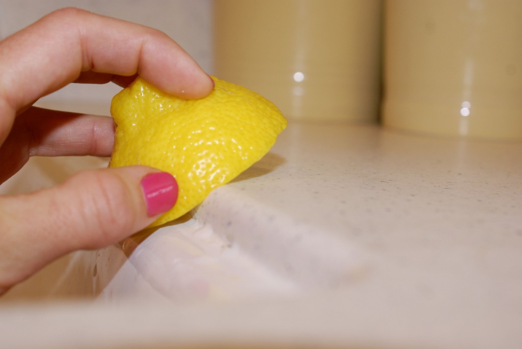 Lemon on counter Here I use a lemon to clean the sink and counter. It's not going to remove tough stains, but it's perfect for quick, everyday cleaning.