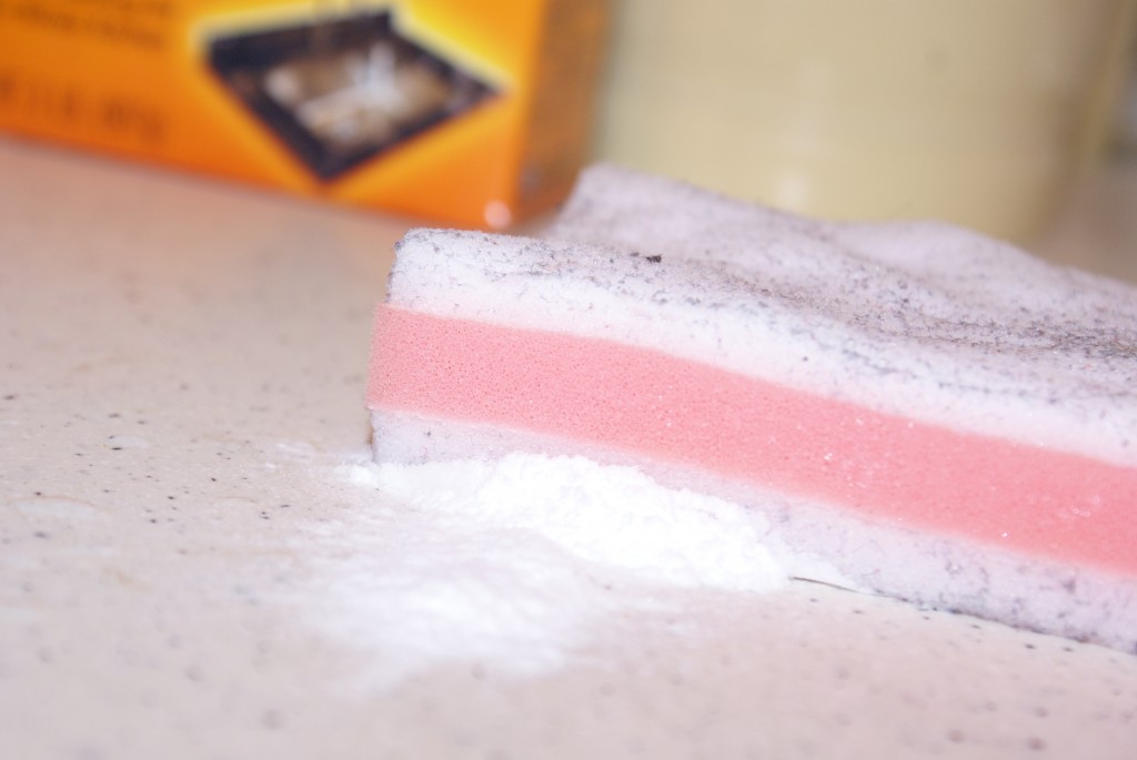 Here I have a wet sponge and a sprinkling of baking soda