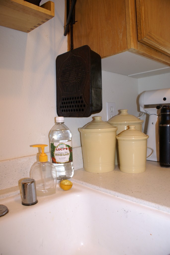 Vinegar for cleaning. Notice the cut lemon, also for cleaning.