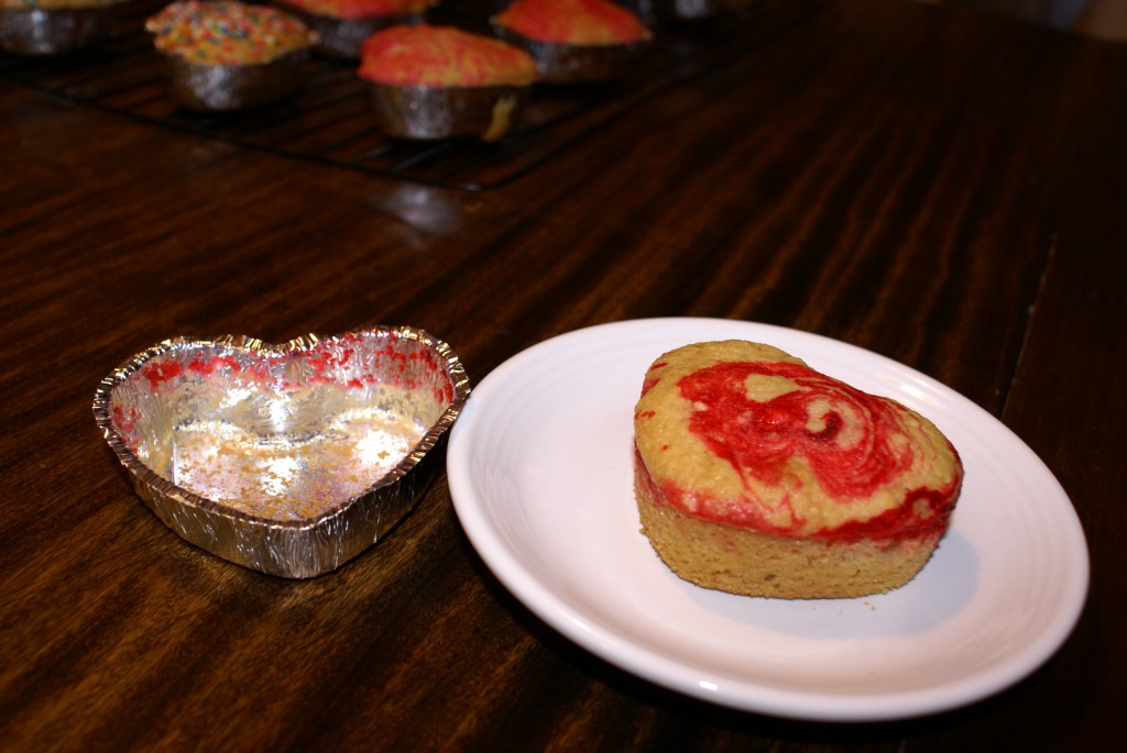 Once cooled a bit, the heart cakes popped easily out of the foil and the pink swirl turned out nicely.