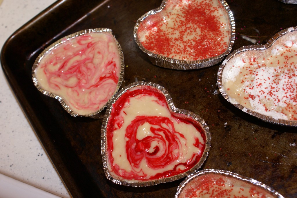 I used pink food coloring and a toothpick to make swirls in the batter. I also sprinkled a packet of almond tea powder on top some of the cakes before baking to make a sort of crumble topping.