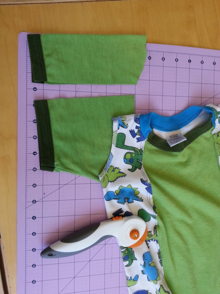 Cut sleeves of t-shirt and cut down to size for pajamas. Cut sleeves of t-shirt and cut down to size for pajamas.
