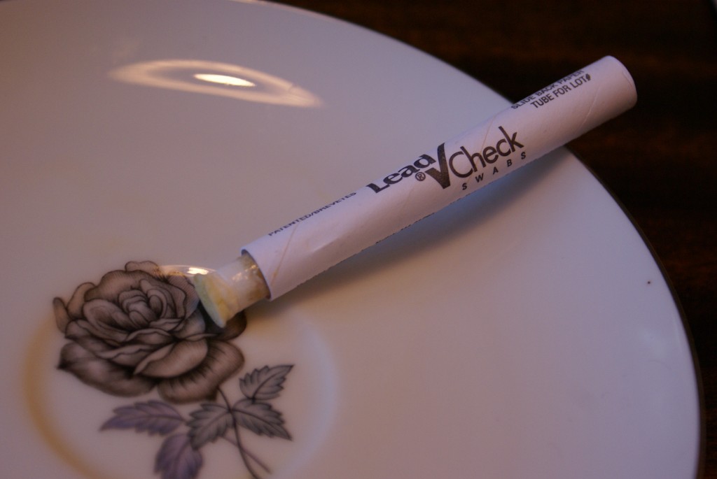 Checking for lead on thrift store china saucer. Checking for lead on thrift store china saucer.