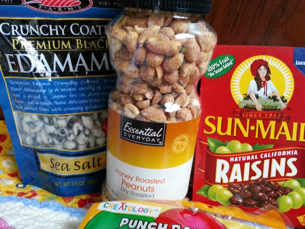 Crunchy coated black edamame, honey roasted peanuts and raisins to fill plastic eggs.