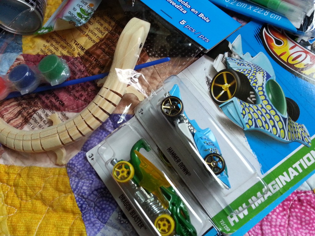 Hot Wheels and a wooden lizard to paint (just for Arlo).