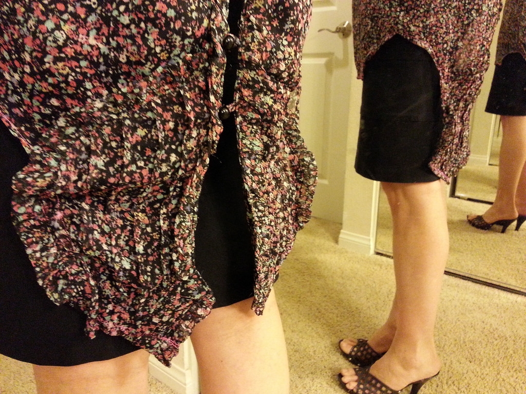 Side and back view of the skirt I made from a thrifted skirt and a thrifted shirt. Side and back view of the skirt I made from a thrifted skirt and a thrifted shirt.