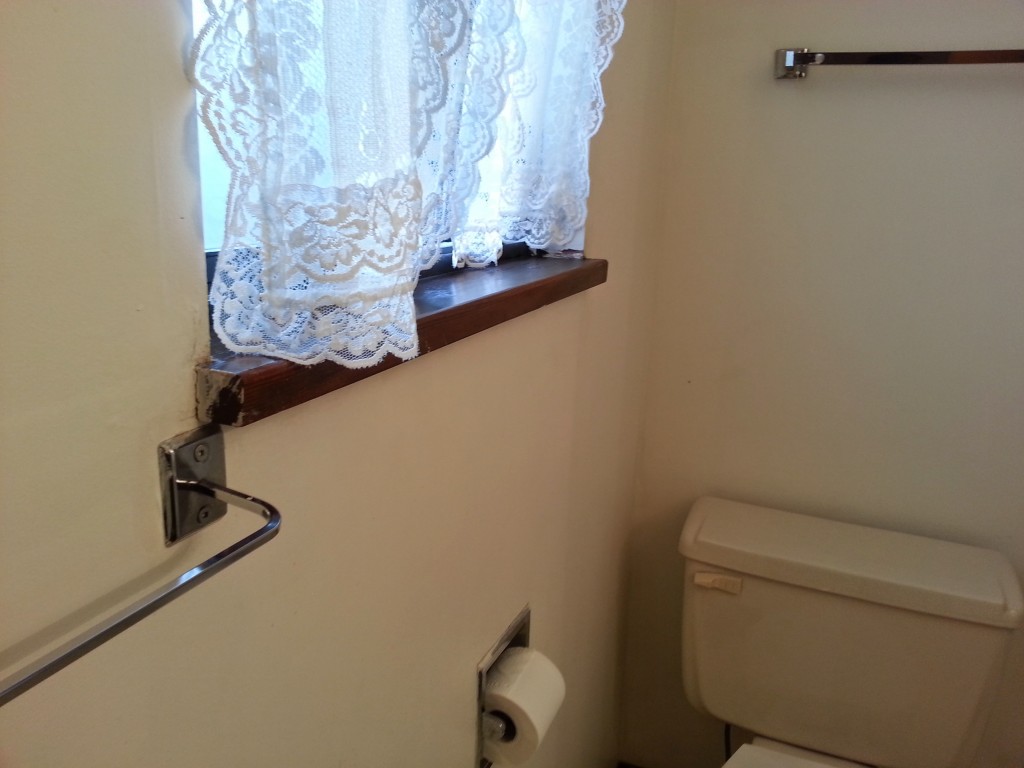 BEFORE: Ugly curtains and dark, dirty window sills. Plus, who would put that towel rack there?