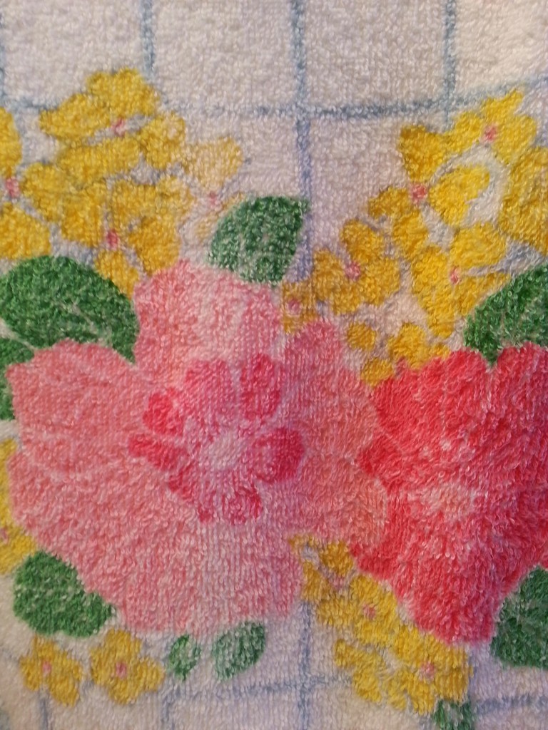 I don't have hand towels for this bathroom, so I'm collecting "vintage" (i.e. Value Village) hand towels in whatever patterns I like that match with the red bath towels I do have.