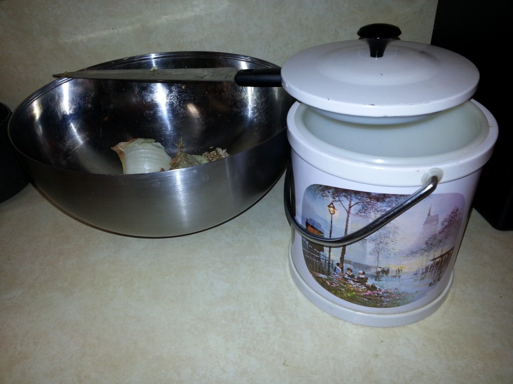 The ugly ice bucket before and our interim food scrap bowl.