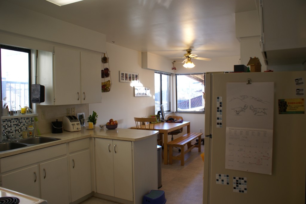 AFTER: Cabinets painted white, trim removed and new handles.